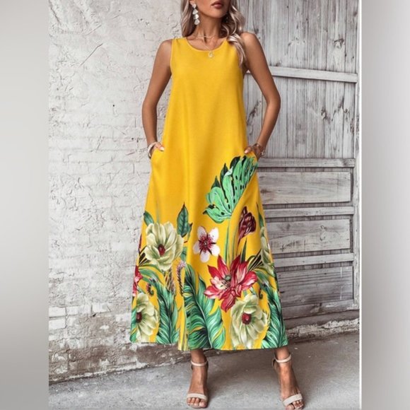 Dresses & Skirts - Yellow Tropical Print Tunic Dress